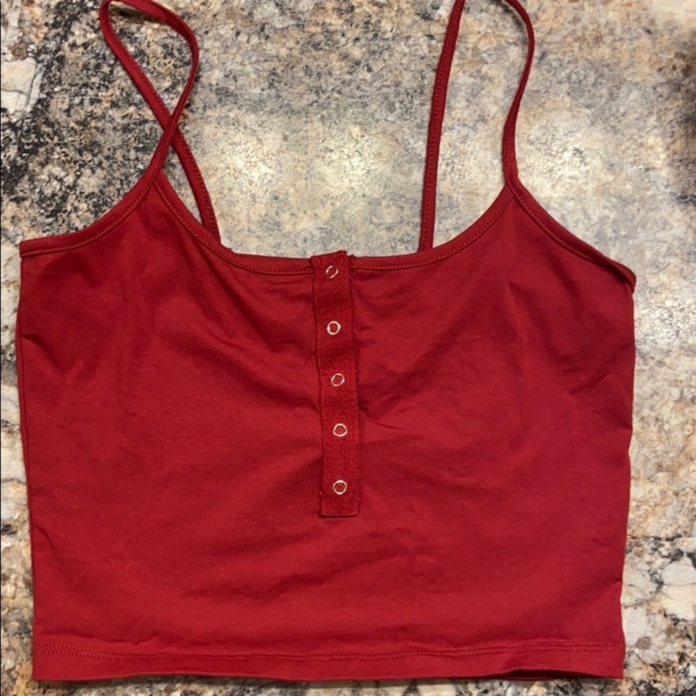 Red Henley snap crop top